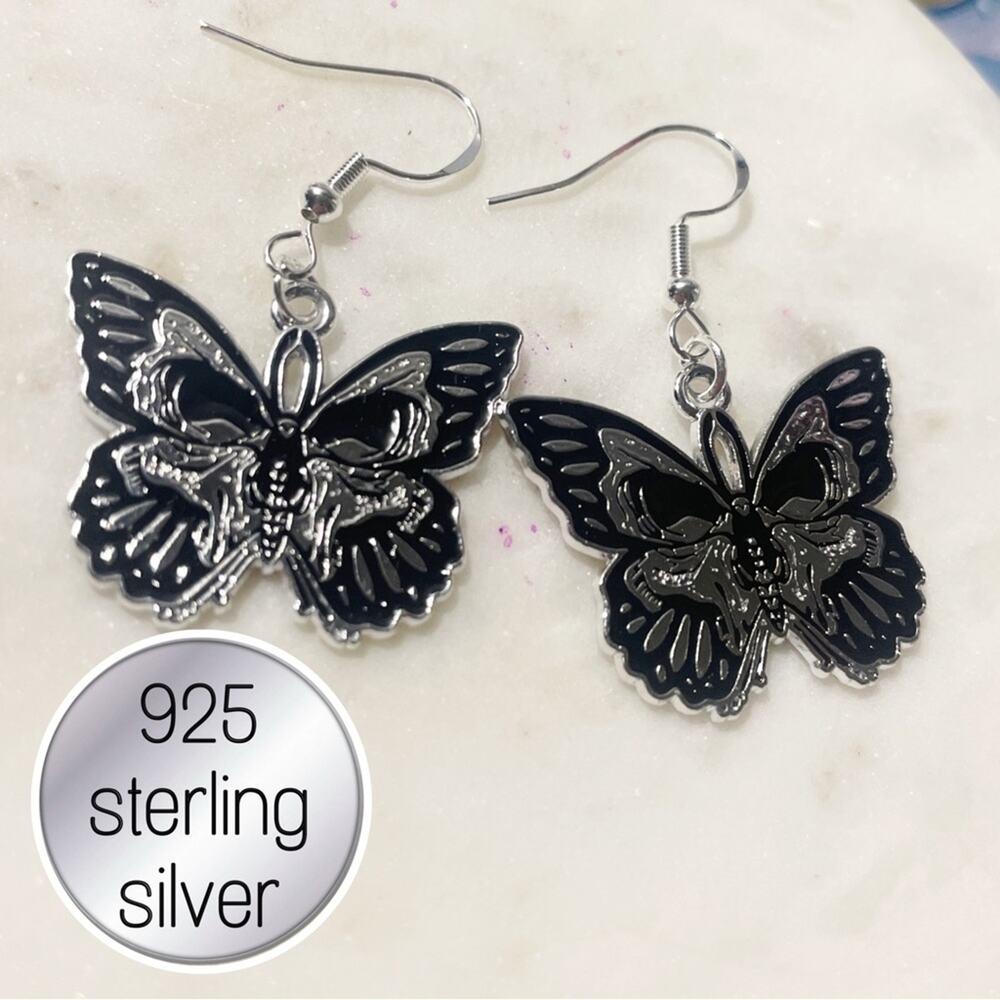 925 Sterling Silver gothic Halloween skull Butterfly Earrings